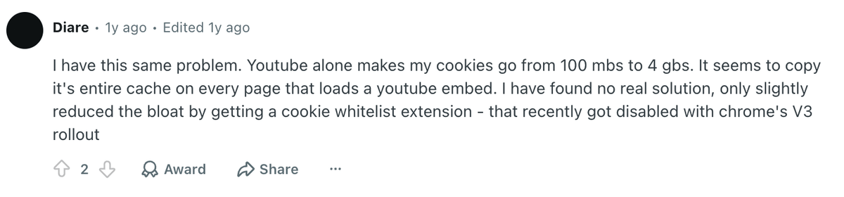 User screenshot showing Chrome site storage affected by YouTube partitioning