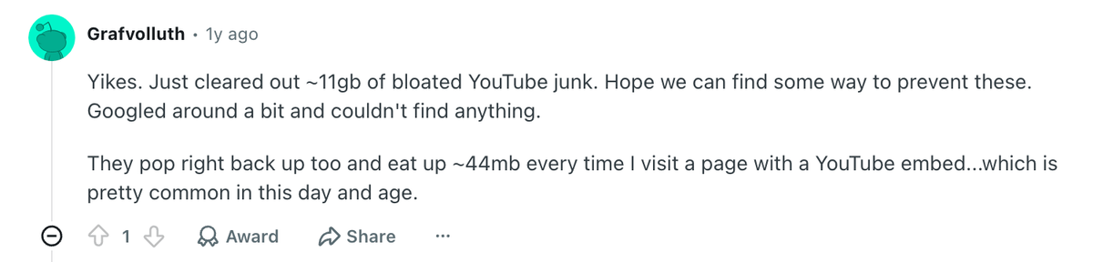 User screenshot showing YouTube storage listed under unrelated sites