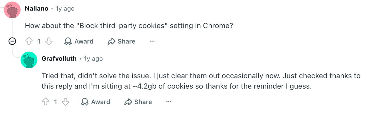 User screenshot showing large Chrome storage growth
