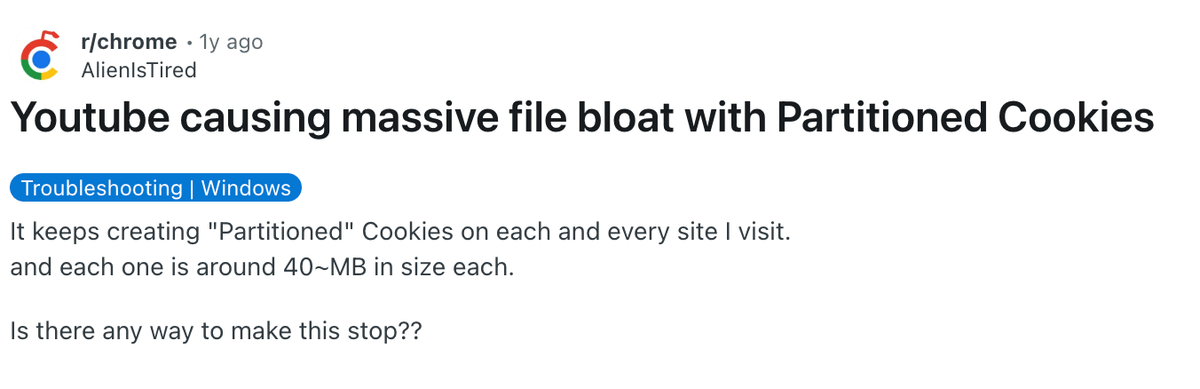 Reddit post discussing YouTube partitioned storage growth